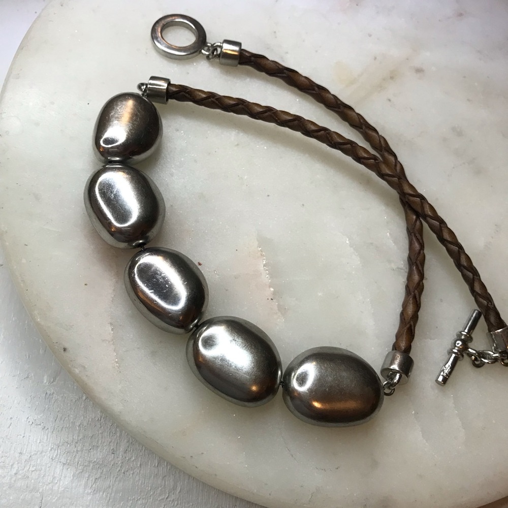 Vintage Y2K Ralph Lauren Silver Stone Leather Choker